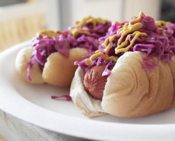 homemade sauerkraut and Hebrew National hot dogs