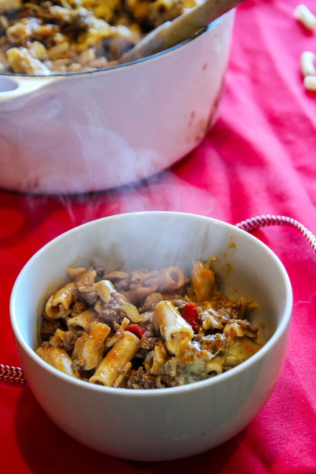 Sloppy Joe macaroni casserole that can be made in just one pot for a quick dinner